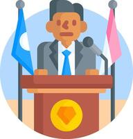A man in a suit is giving a speech in front of flags vector
