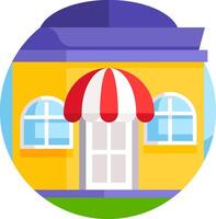 A small yellow building with a red and white awning vector