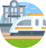A train is going through a city with a building in the background vector
