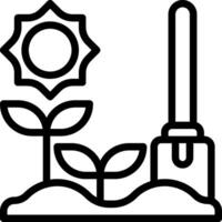 A black and white outline of a shovel and a plant vector
