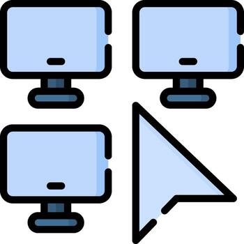 Four computer monitors with a mouse and a pointer vector