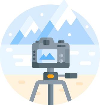 A camera on a tripod with mountains in the background vector