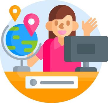 A woman is sitting at a desk with a globe and a map vector