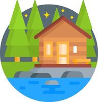 A cabin in the woods with a lake and trees vector