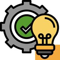 A light bulb with a check mark next to a gear wheel vector