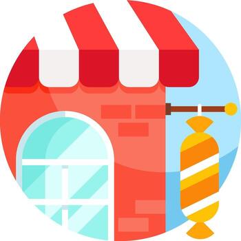 A red and white building with a red awning vector