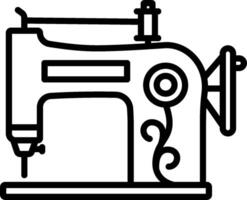 A sewing machine is shown in black and white vector