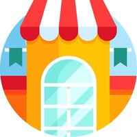 A colorful building with a red and white awning vector