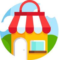 A small shop with a red and white awning vector