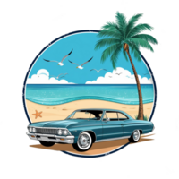 A vintage car on the beach with palm trees and seagulls png