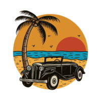 A vintage car on the beach with palm trees png