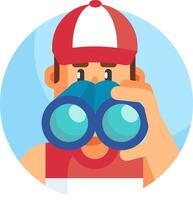 A man in a cap is looking through binoculars vector