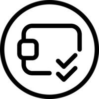 A black and white icon of a wallet with a check mark vector