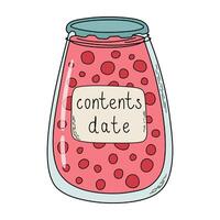 Glass jar of homemade preserves. Canned food storage. Traditional container with contents inside, closed with metal lid and with label on it. Hand drawn illustration. vector