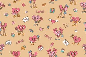 Valentine's Day seamless pattern with groovy style elements. pattern in retro style of the 70s, 80s. Cute heart characters. illustration. vector