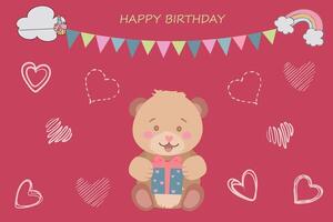 Greeting card cute teddy bear with a gift. Cute childish illustration for greeting cards, children's posters. illustration vector