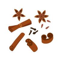 Spice Set. Dried cinnamon, cloves and aniseed. An ingredient for drinks, baking or other cooking. Natural Indian spice. Set of flat illustration. vector