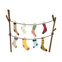Kids socks hanging on the rope clothesline with clothespins. Set of different socks. Washing clothes. Flat illustration on a white background. vector