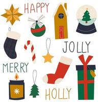 Colorful set of christmas objects and lettering. Christmas symbols and decorative elements. vector