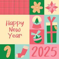 Merry Christmas and Happy New Year abstract geometric banner. New Year 2025 poster,banner, card, cover, advertisement, wallpaper printable template with Xmas elements in modern minimalist style. vector