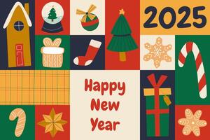 Merry Christmas and Happy New Year abstract geometric banner. New Year 2025 poster,banner, card, cover, advertisement, wallpaper printable template with Xmas elements in modern minimalist style. vector
