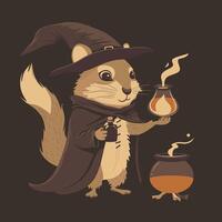 Squirrel alchemist holding a flask near a cauldron vector