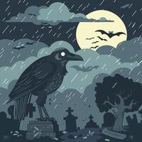crow summoning storm clouds in a spooky graveyard vector