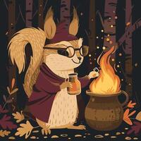 Squirrel alchemist holding a flask near a cauldron vector