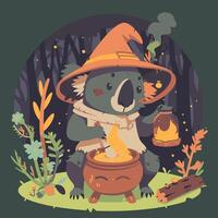 Koala dressed up like a druid brewing a forest potion in a cauldron vector
