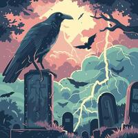 crow summoning storm clouds in a spooky graveyard vector