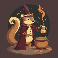 Squirrel alchemist holding a flask near a cauldron vector