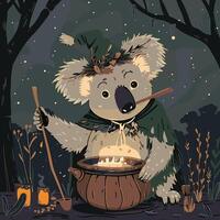 Koala dressed up like a druid brewing a forest potion in a cauldron vector