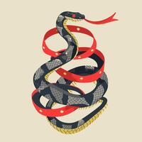 A snake intertwined with red silk ribbons vector