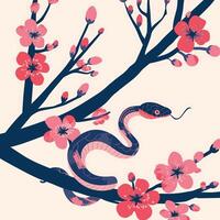 snake winding around branches of cherry blossoms vector