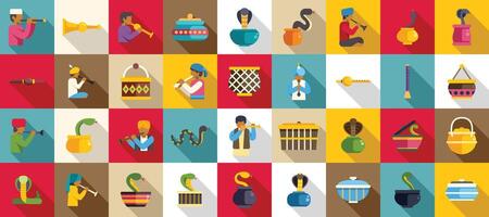 Snake charmer icons set. Colorful flat style icon set representing indian culture with snake charmers and their instruments vector