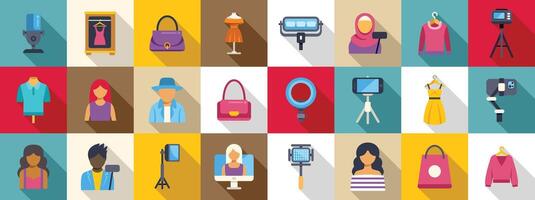 Fashion vlogger icons set. Fashion bloggers creating content with professional equipment vector