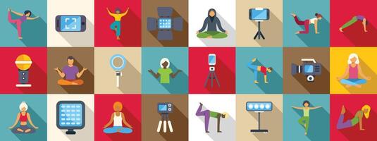Yoga blogger icons set. Yoga bloggers recording online training program using camera light microphone tripod vector