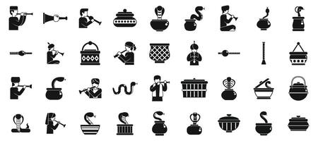 Snake charmer icons set. Indian snake charmer playing flute for cobra in basket icons set vector