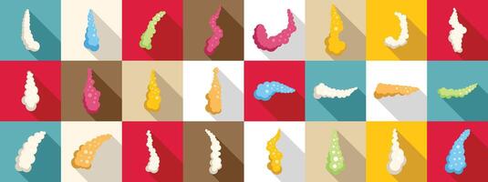 Steam trail plane icons set. Colorful smoke explosions with long shadows on various backgrounds vector