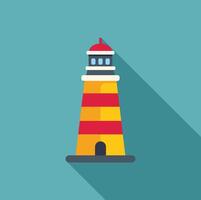 Red and yellow lighthouse casting long shadow on turquoise background vector