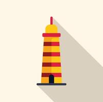 Red and yellow lighthouse casting long shadow on white background vector