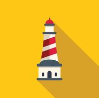 Red and white lighthouse casting long shadow on yellow background vector