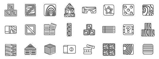 Wood cube block icons set. Set of wooden toy blocks icons showing different shapes and play activities for kids vector