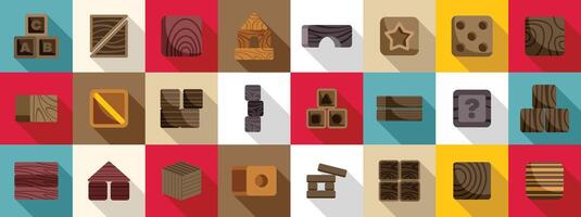 Wood cube block icons set. Wooden toy block icons set flat vector illustration