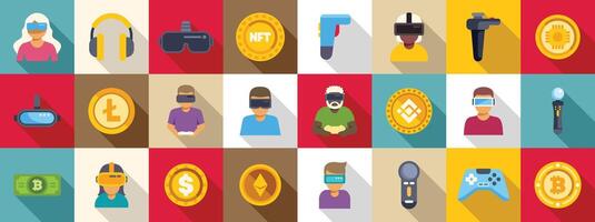 Metaverse game p2e icons set. People experiencing virtual reality and using cryptocurrency for payments vector