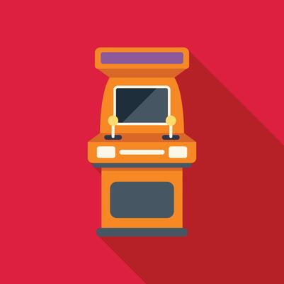 Orange arcade game console standing on red background