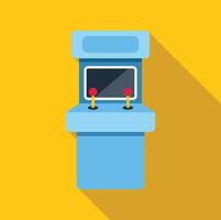 Blue retro arcade game console with two joysticks is standing on yellow background vector