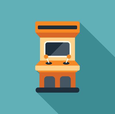Arcade game console displaying playing screen with joysticks