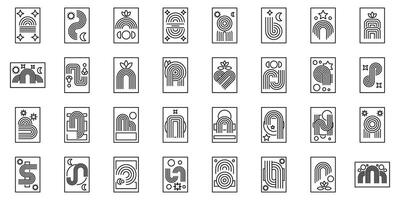 Zen arch icons set. Set of minimalist posters featuring abstract geometric shapes forming rainbows and moons vector