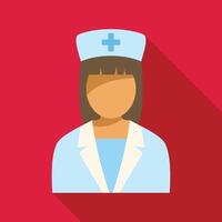 Female nurse wearing blue uniform and hat with cross presenting on red background vector